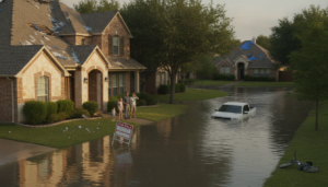 DFW hail insurance mistakes and Dallas flood insurance errors shown by hail-damaged roof and flooded street in a Dallas-Fort Worth neighborhood