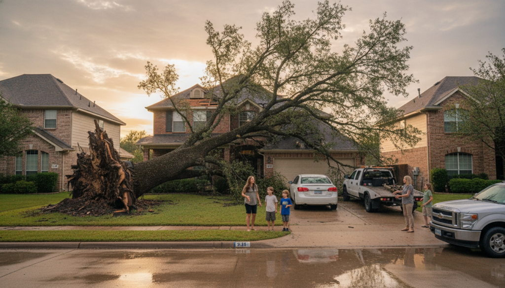 Large fallen oak tree resting on the roof of a Dallas-Fort Worth home after a Texas storm, illustrating neighbor's tree fell on my house insurance DFW