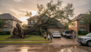Large fallen oak tree resting on the roof of a Dallas-Fort Worth home after a Texas storm, illustrating neighbor's tree fell on my house insurance DFW