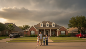 A brick single-family home in a Dallas-Fort Worth suburb under a partly stormy sky, illustrating homeowners insurance rates Dallas Fort Worth
