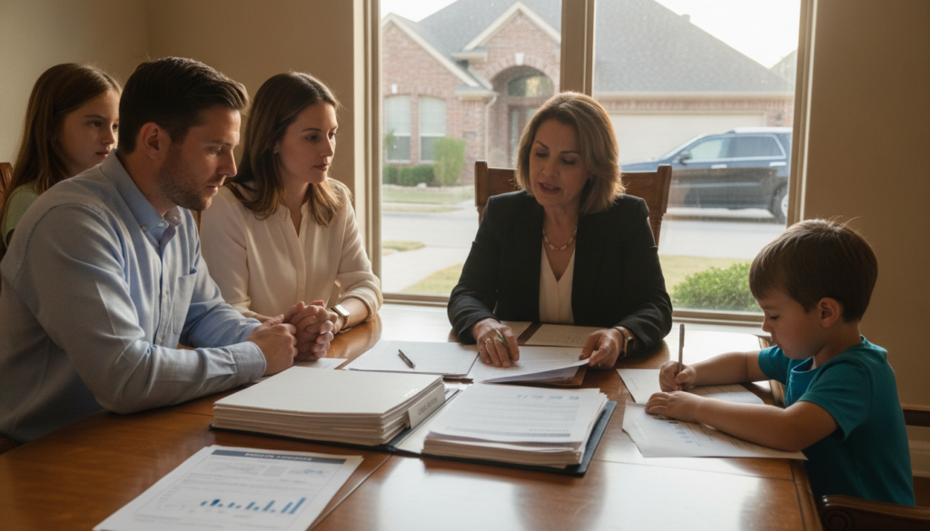 Dallas-Fort Worth family reviewing homeowners insurance before closing Dallas paperwork with a local Allstate agent