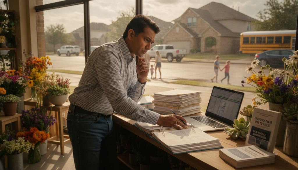 DFW small business owner reviewing paperwork at a shop counter, illustrating common small business insurance mistakes DFW owners should avoid