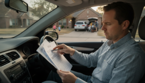A DFW driver comparing auto insurance documents in a car, illustrating how to switch auto insurance Dallas Fort Worth