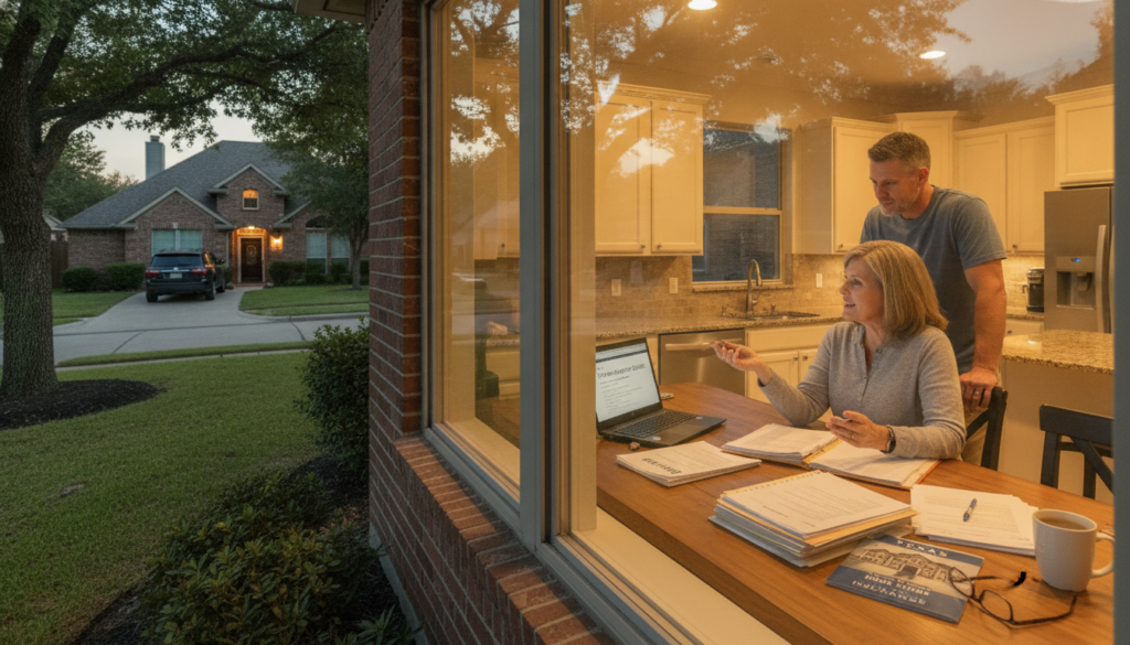A DFW homeowner reviewing paperwork at a kitchen table while learning how to get a homeowners insurance quote in the Dallas-Fort Worth area