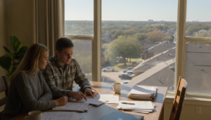 A young couple in a Dallas-Fort Worth apartment reviewing paperwork, illustrating how to get renters insurance in Dallas Fort Worth