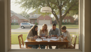 A DFW family reviewing paperwork for bundling home and auto insurance DFW at their kitchen table with a Dallas suburb visible outside the window