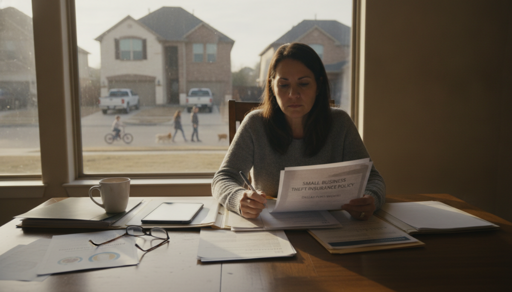 Small business owner reviewing small business theft insurance DFW paperwork after a storefront burglary in the Dallas-Fort Worth area