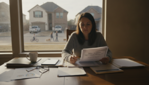 Small business owner reviewing small business theft insurance DFW paperwork after a storefront burglary in the Dallas-Fort Worth area